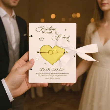 Wyjątkowy prezent na ślub drewniana kartka z kopertą dla pary młodej personalizowana